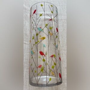 Tall cylindrical decorative tall vase, hand painted birds.